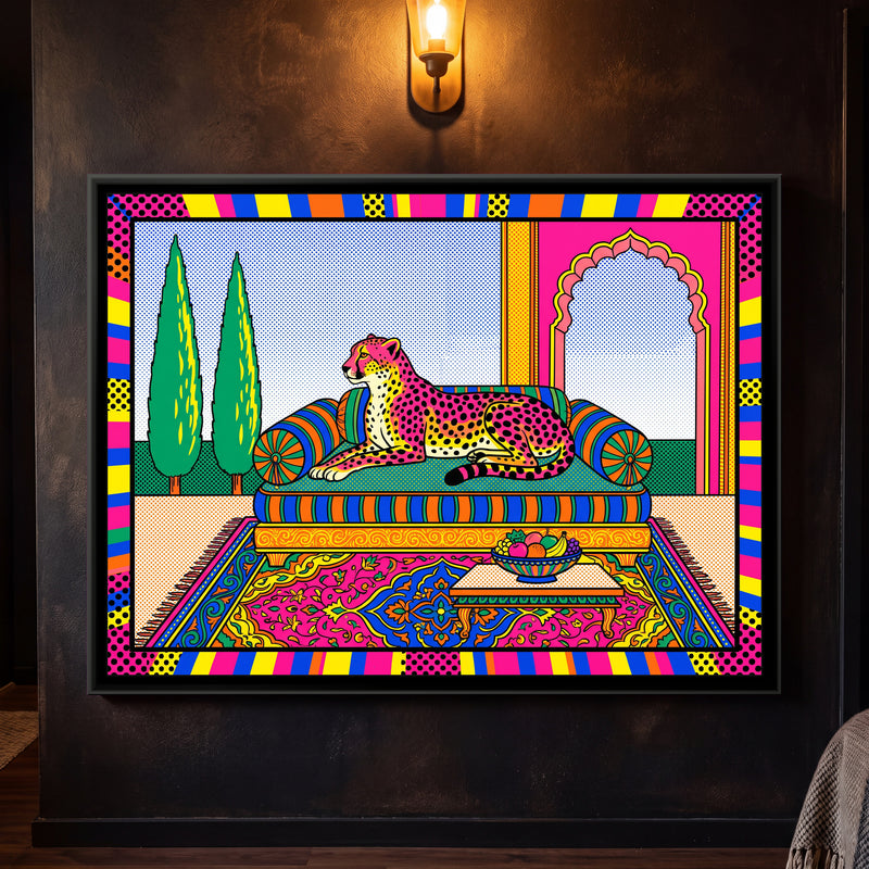 Cheetah on a Striped Divan in Pop Colour - framed canvas art hung on a wall