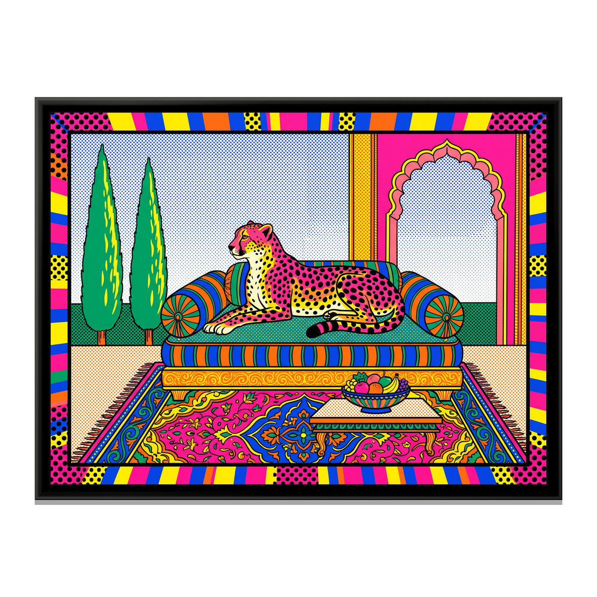 Cheetah on a Striped Divan in Pop Colour - framed canvas print, front view