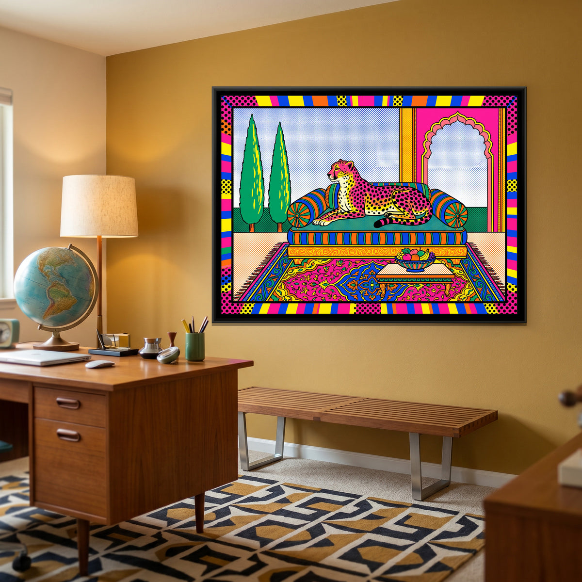Cheetah on a Striped Divan in Pop Colour - canvas art shown in a second room setting