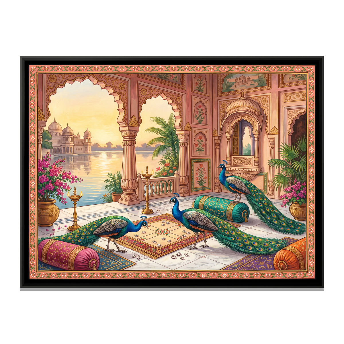 Peacocks at Chaupar on a Lake-Palace Terrace - framed canvas print, front view