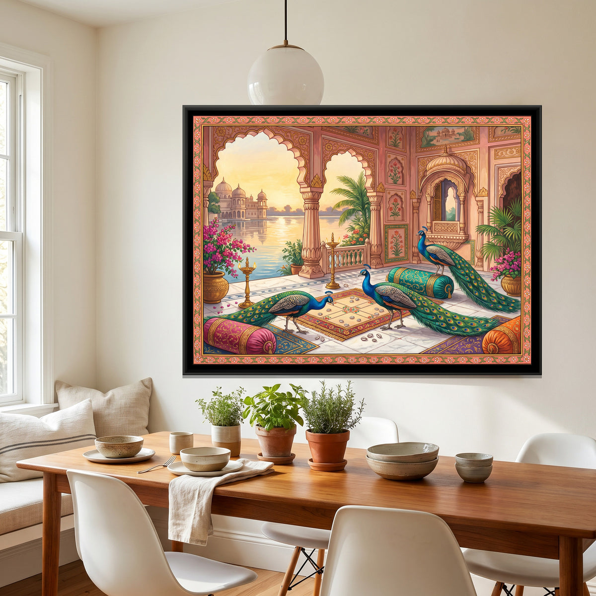 Peacocks at Chaupar on a Lake-Palace Terrace - canvas art shown in a second room setting