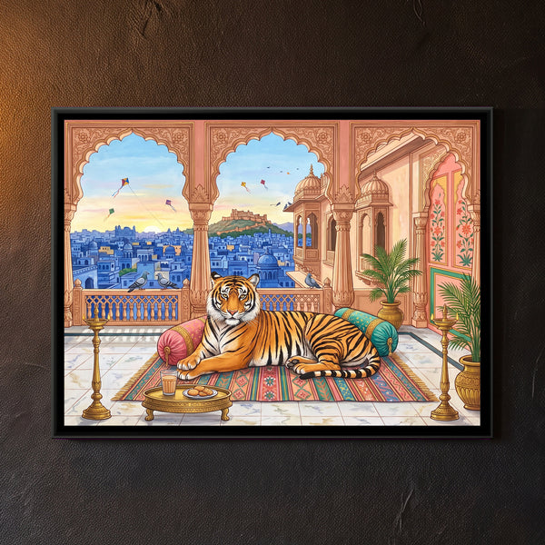 Tiger with Morning Chai on a Blue-City Rooftop