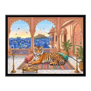 View 2 of Tiger with Morning Chai on a Blue-City Rooftop