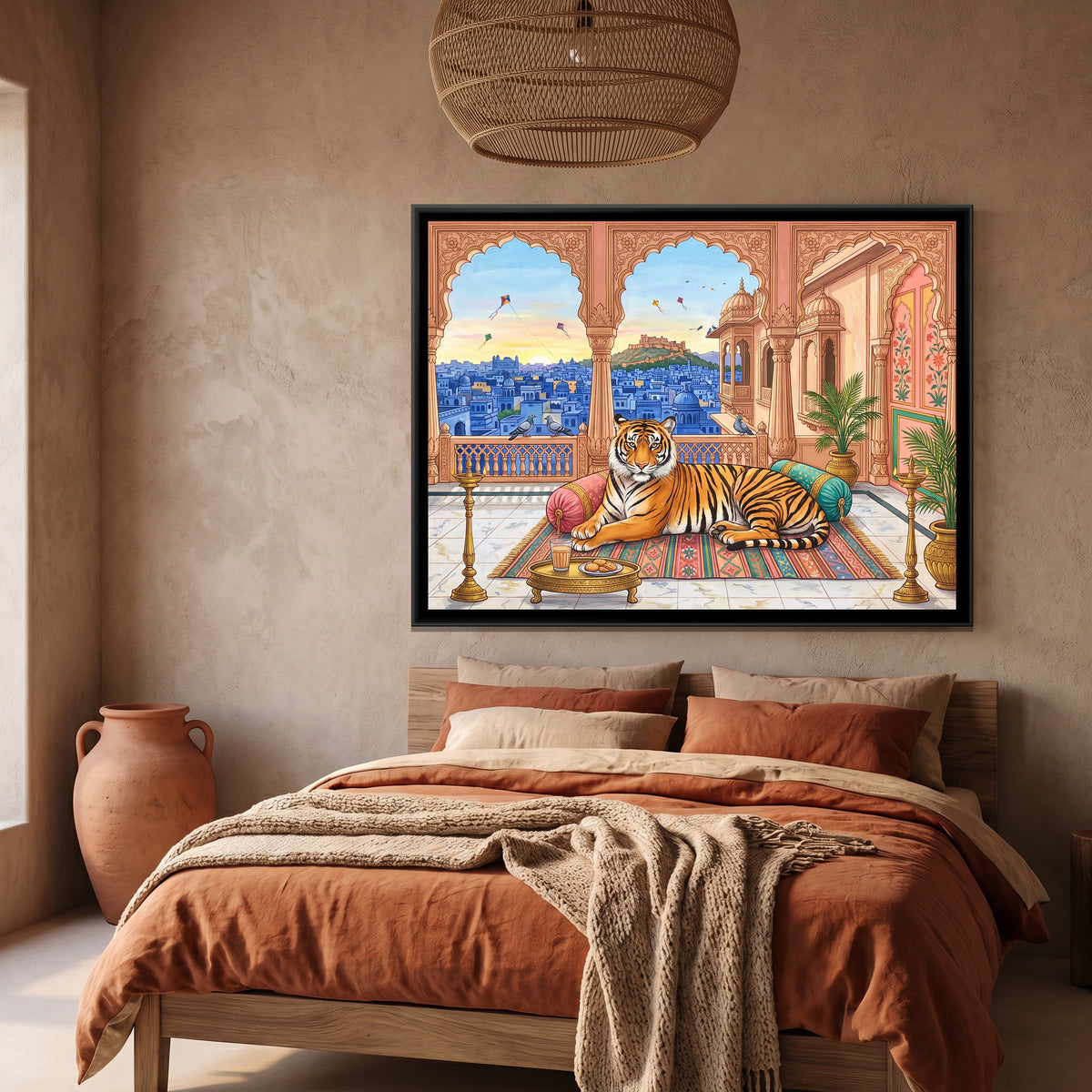 Tiger with Morning Chai on a Blue-City Rooftop - canvas art shown in a styled room