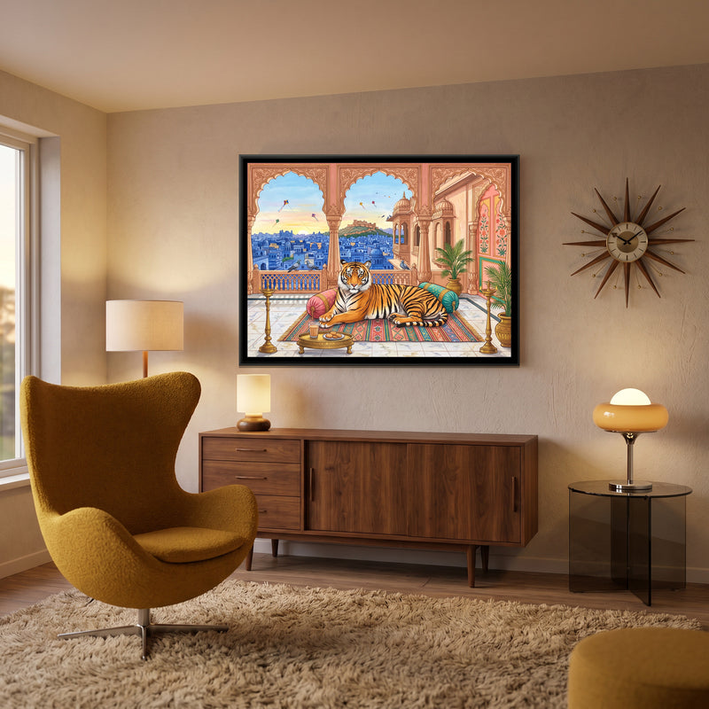 Tiger with Morning Chai on a Blue-City Rooftop - canvas art shown in a second room setting