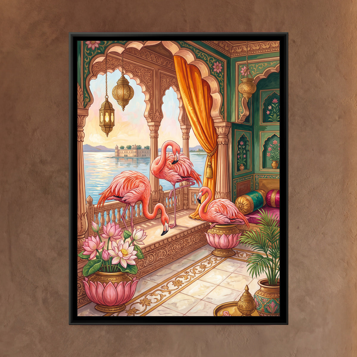 Flamingos at a Jharokha Balcony - framed canvas art hung on a wall