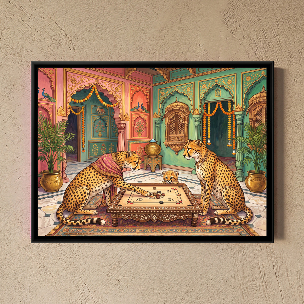 Cheetahs at Carrom in a Haveli Courtyard - framed canvas art hung on a wall