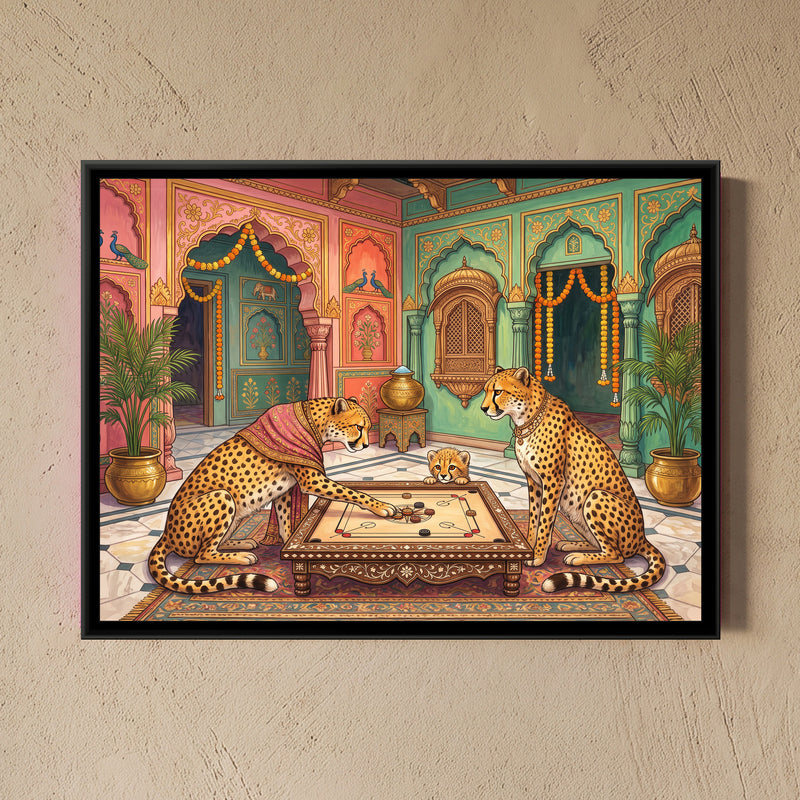 Cheetahs at Carrom in a Haveli Courtyard - framed canvas art hung on a wall