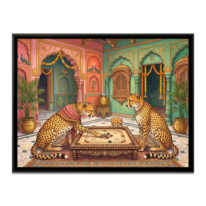 Cheetahs at Carrom in a Haveli Courtyard - framed canvas print, front view