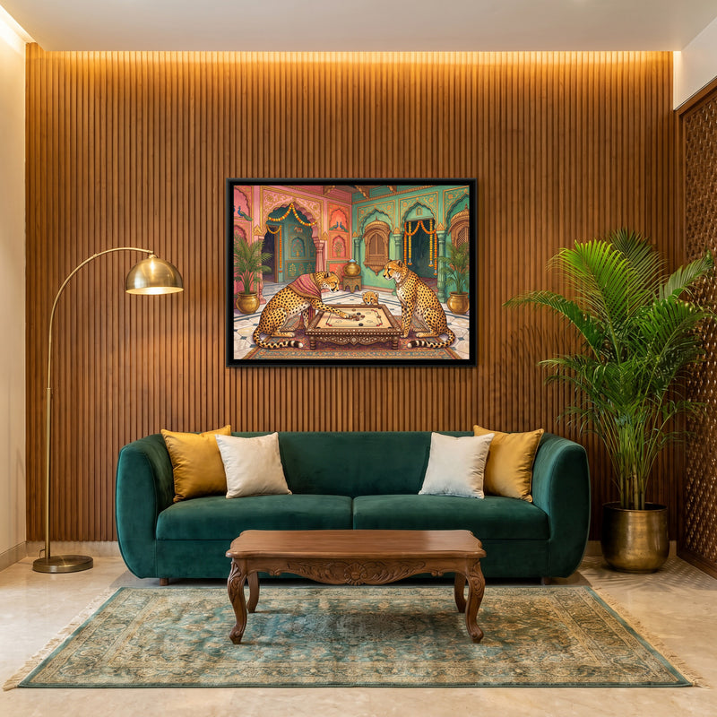 Cheetahs at Carrom in a Haveli Courtyard - canvas art shown in a styled room