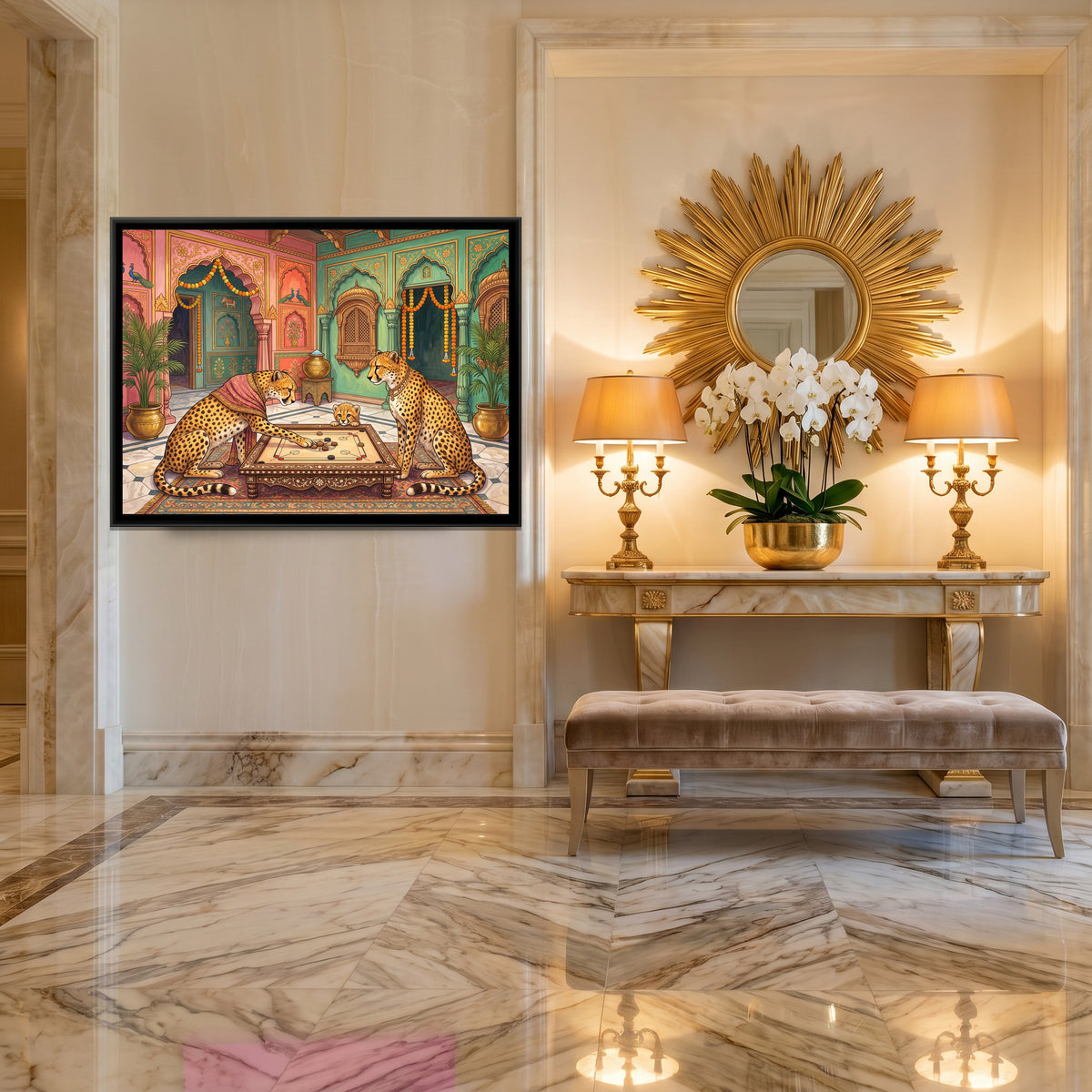 Cheetahs at Carrom in a Haveli Courtyard - canvas art shown in a second room setting