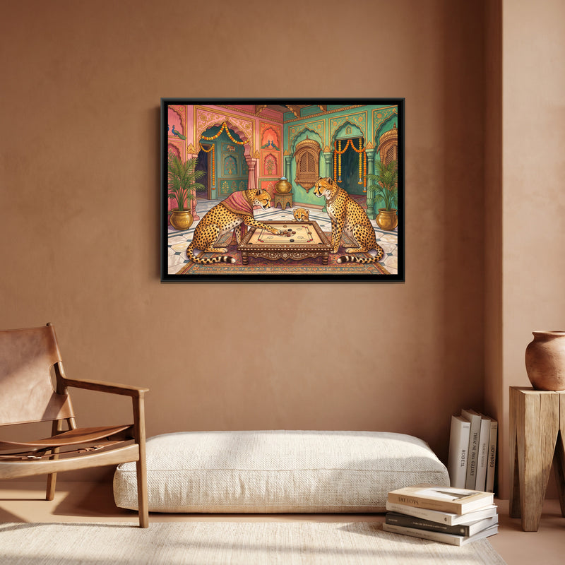 Cheetahs at Carrom in a Haveli Courtyard - canvas art shown in a second room setting