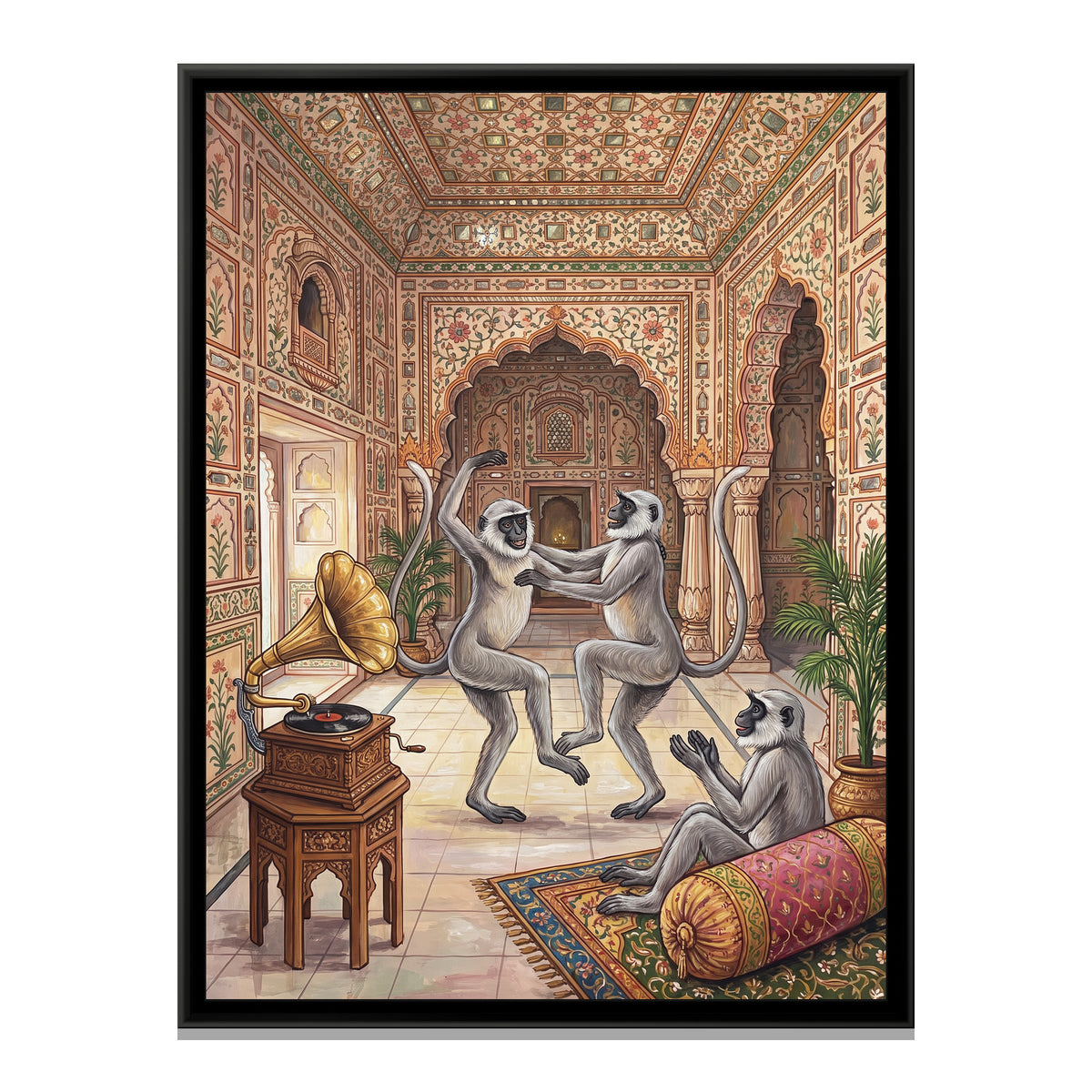 Langurs Dancing in the Mirror Palace - framed canvas print, front view