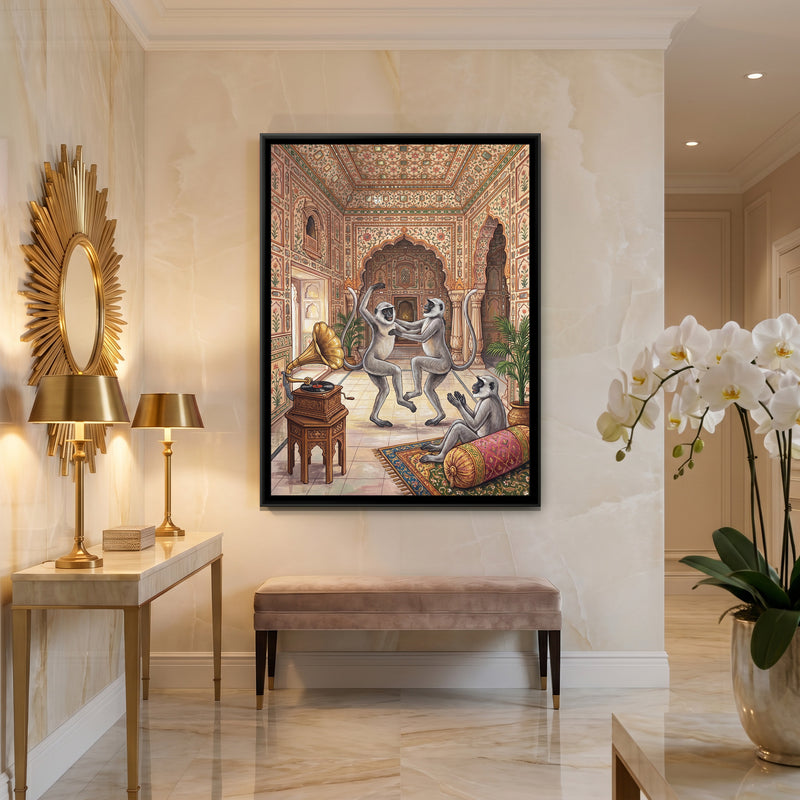 Langurs Dancing in the Mirror Palace - canvas art shown in a styled room