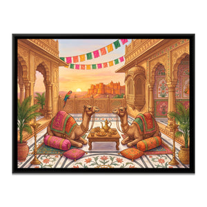 View 2 of Camels at a Rooftop Tea Party in a Golden Haveli