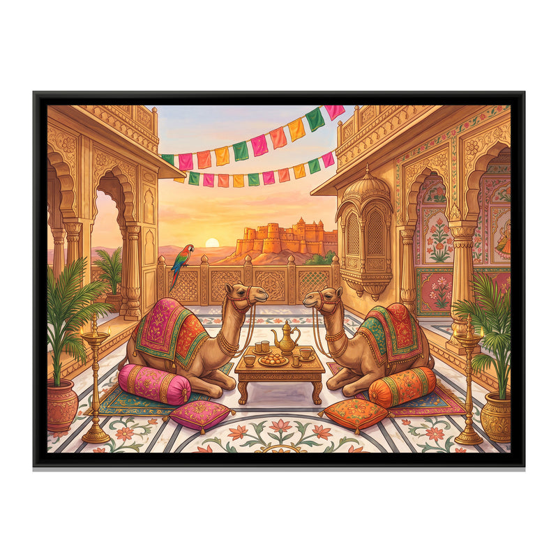 Camels at a Rooftop Tea Party in a Golden Haveli - framed canvas print, front view