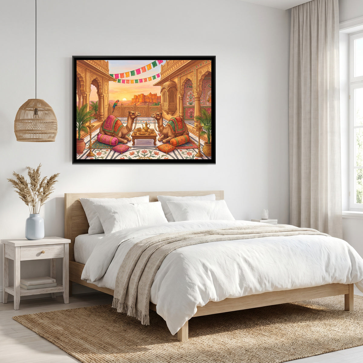 Camels at a Rooftop Tea Party in a Golden Haveli - canvas art shown in a second room setting