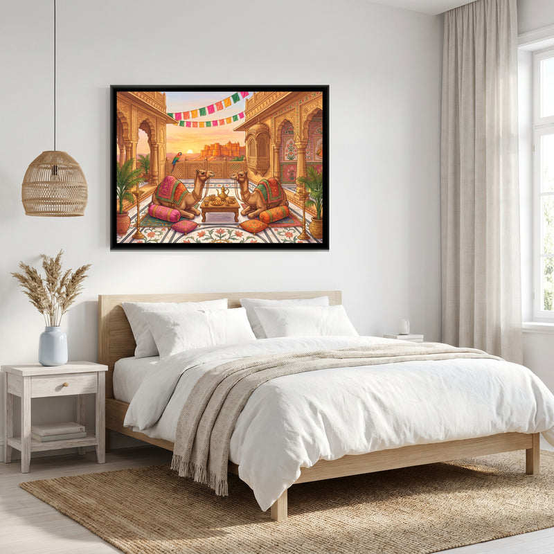 Camels at a Rooftop Tea Party in a Golden Haveli - canvas art shown in a second room setting