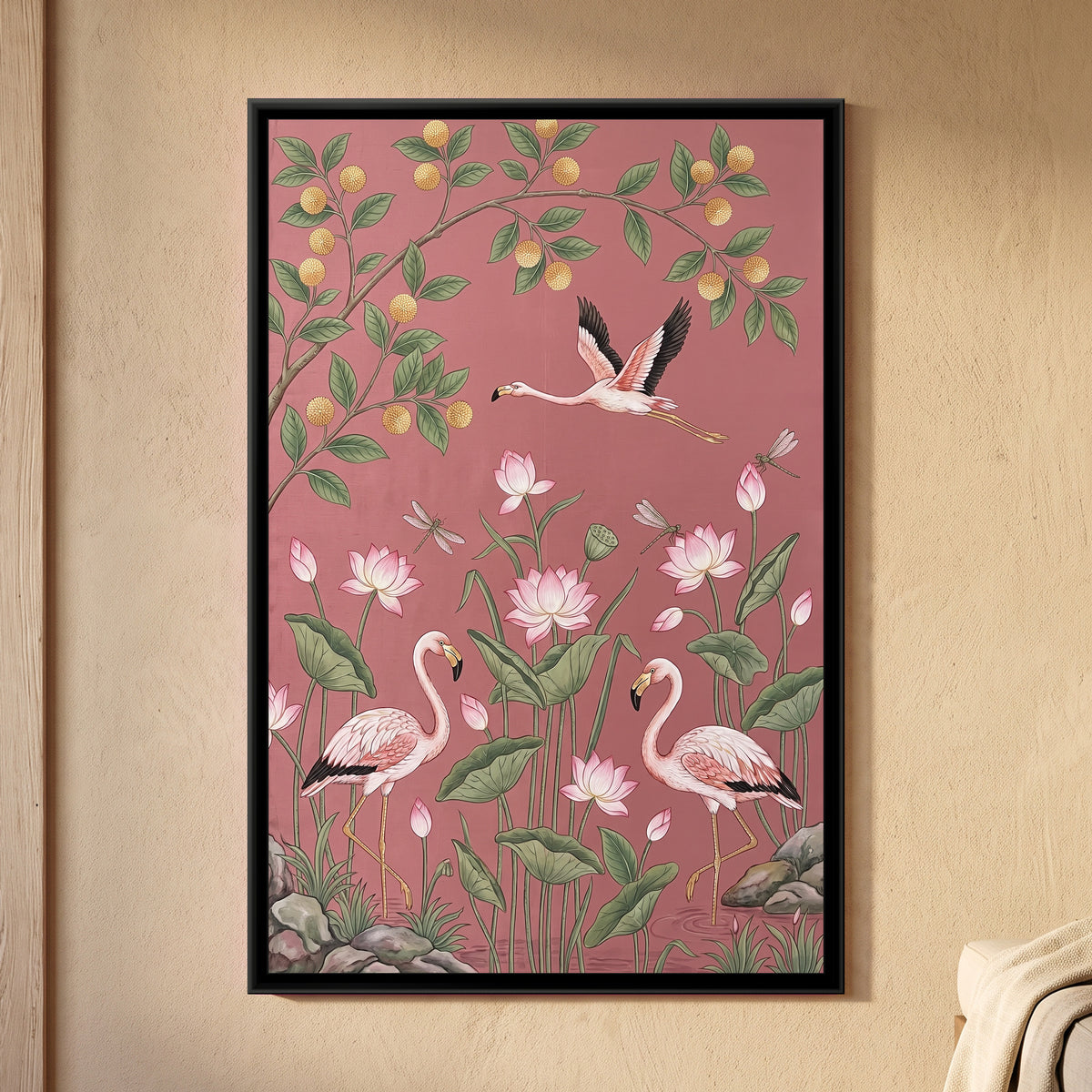 Flamingos and Lotus on Blush Silk - framed canvas art hung on a wall