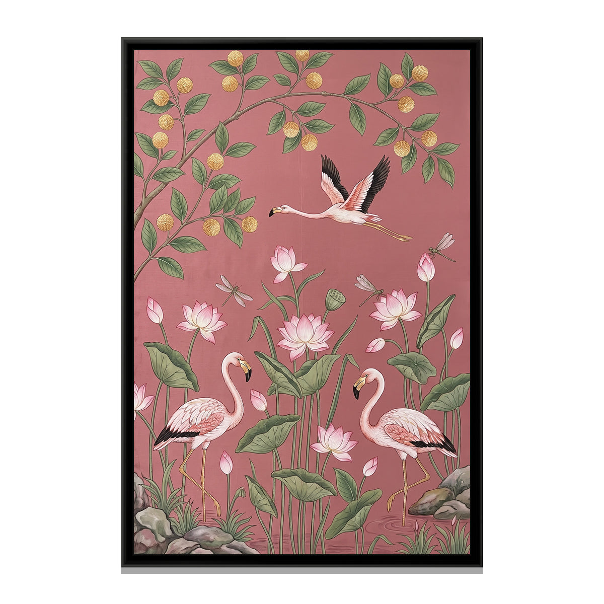 Flamingos and Lotus on Blush Silk - framed canvas print, front view