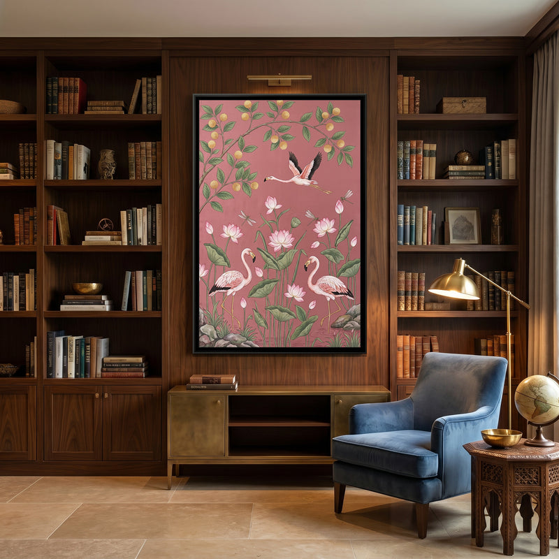 Flamingos and Lotus on Blush Silk - canvas art shown in a styled room