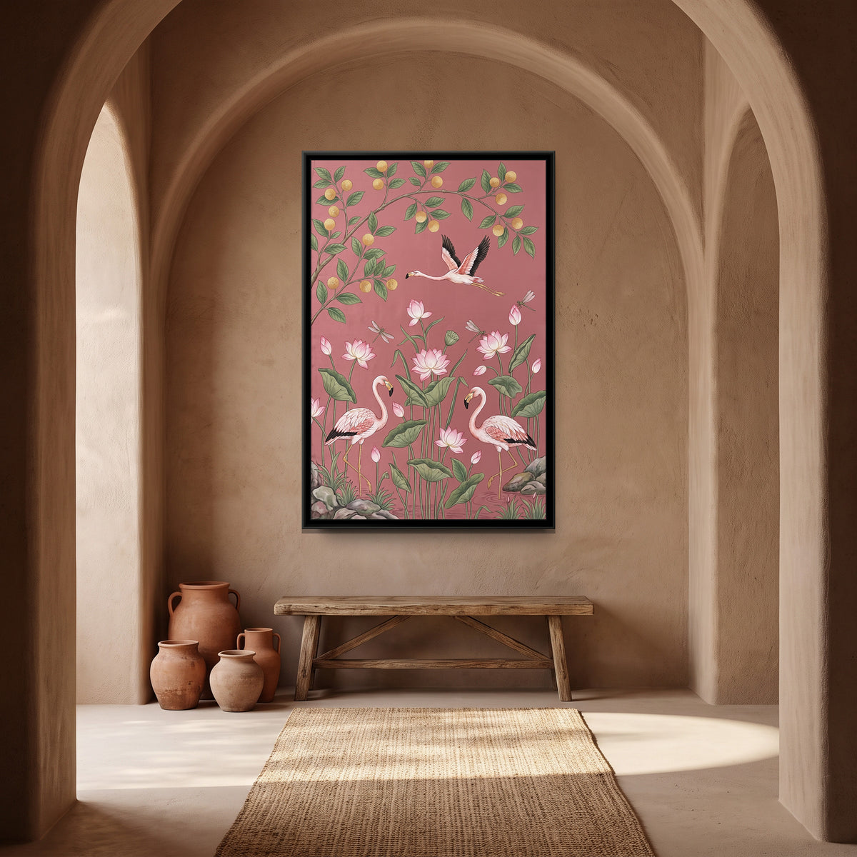 Flamingos and Lotus on Blush Silk - canvas art shown in a second room setting