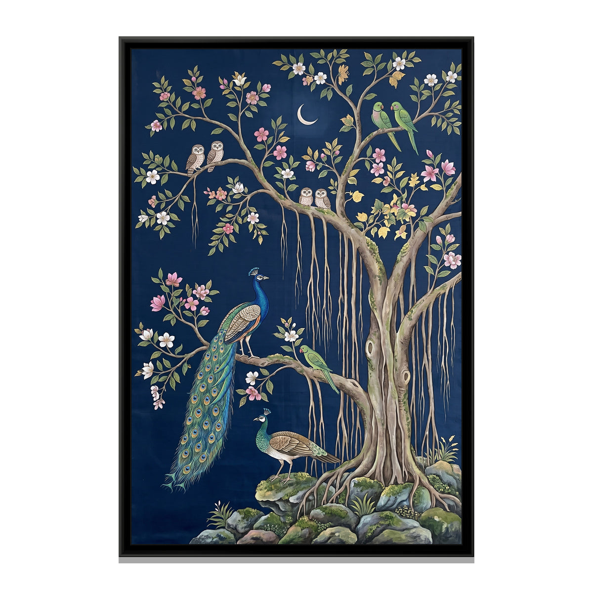 Peacocks in a Banyan Tree on Midnight Silk - framed canvas print, front view