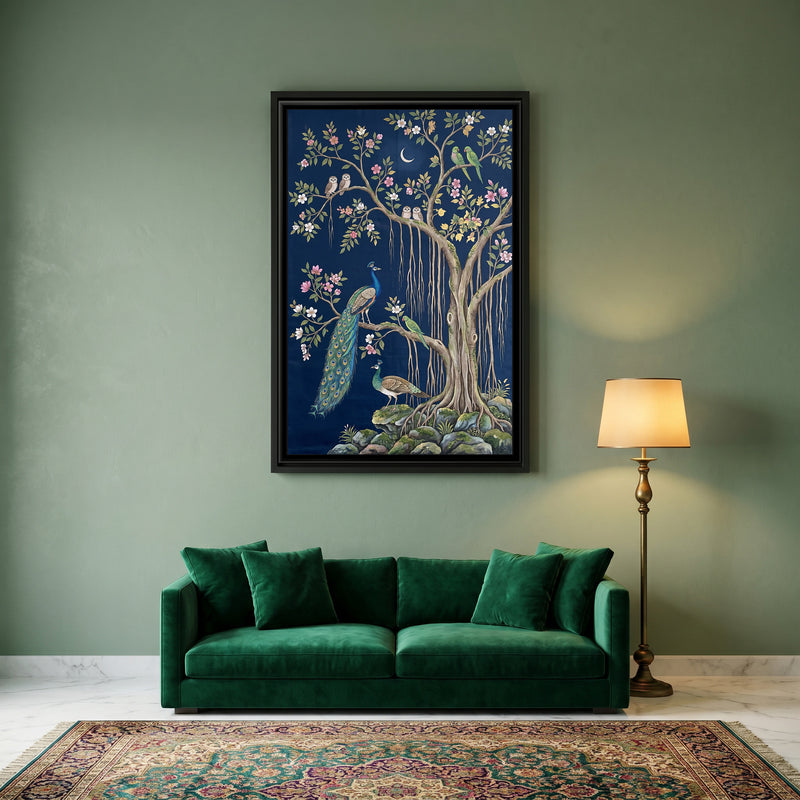 Peacocks in a Banyan Tree on Midnight Silk - canvas art shown in a styled room