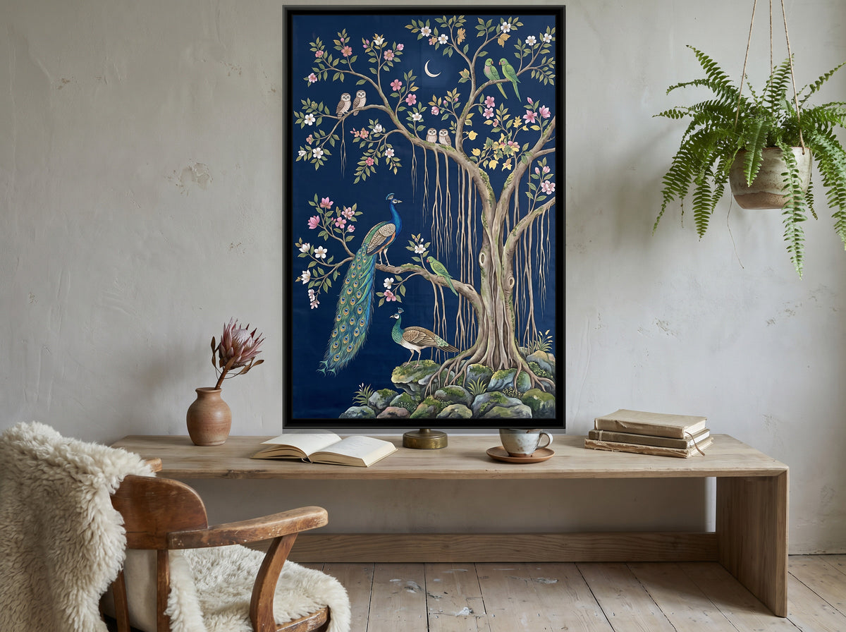 Peacocks in a Banyan Tree on Midnight Silk - canvas art shown in a second room setting