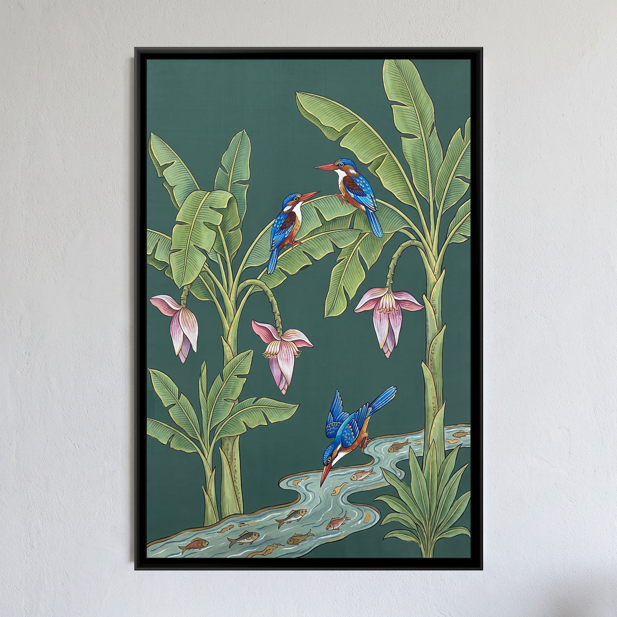 Kingfishers in a Banana Grove on Celadon Silk - framed canvas art hung on a wall