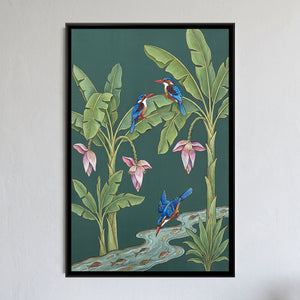 View 1 of Kingfishers in a Banana Grove on Celadon Silk