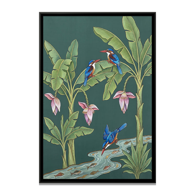 Kingfishers in a Banana Grove on Celadon Silk - framed canvas print, front view