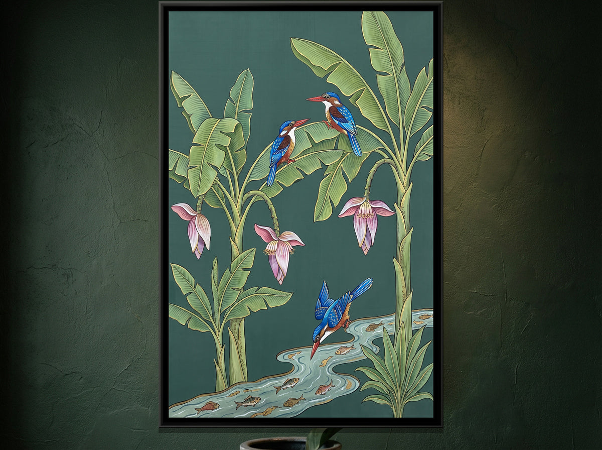 Kingfishers in a Banana Grove on Celadon Silk - canvas art shown in a styled room