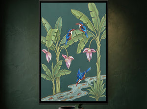 View 3 of Kingfishers in a Banana Grove on Celadon Silk