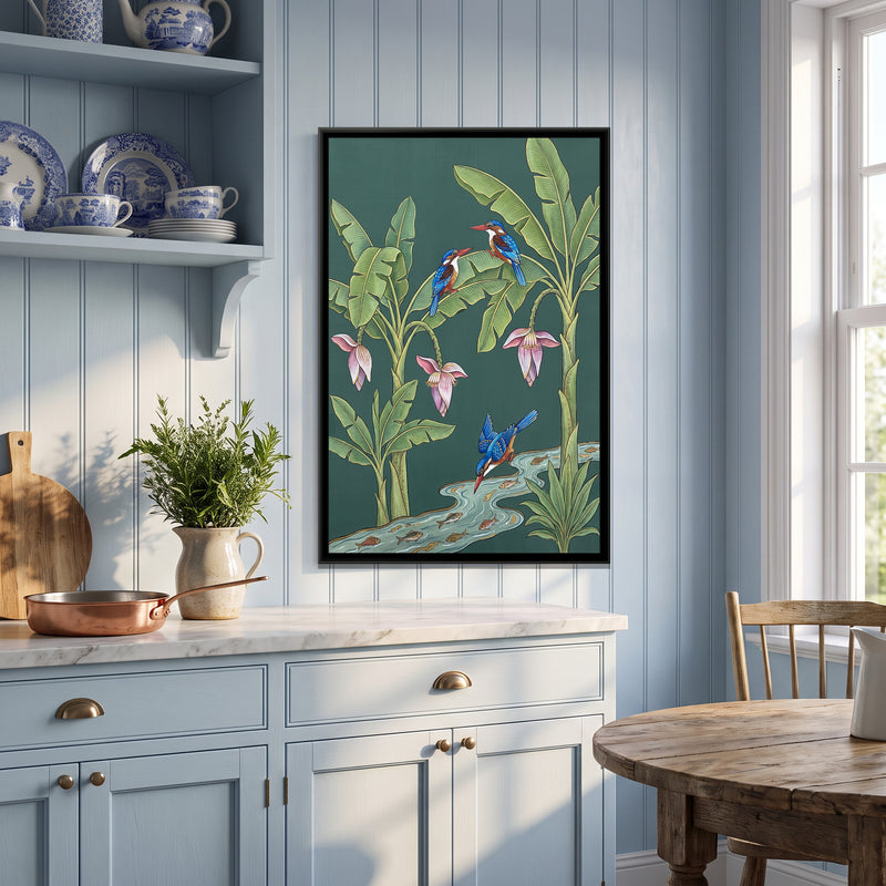 Kingfishers in a Banana Grove on Celadon Silk - canvas art shown in a second room setting