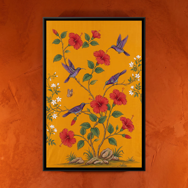 Sunbirds and Hibiscus on Saffron Silk - framed canvas art hung on a wall