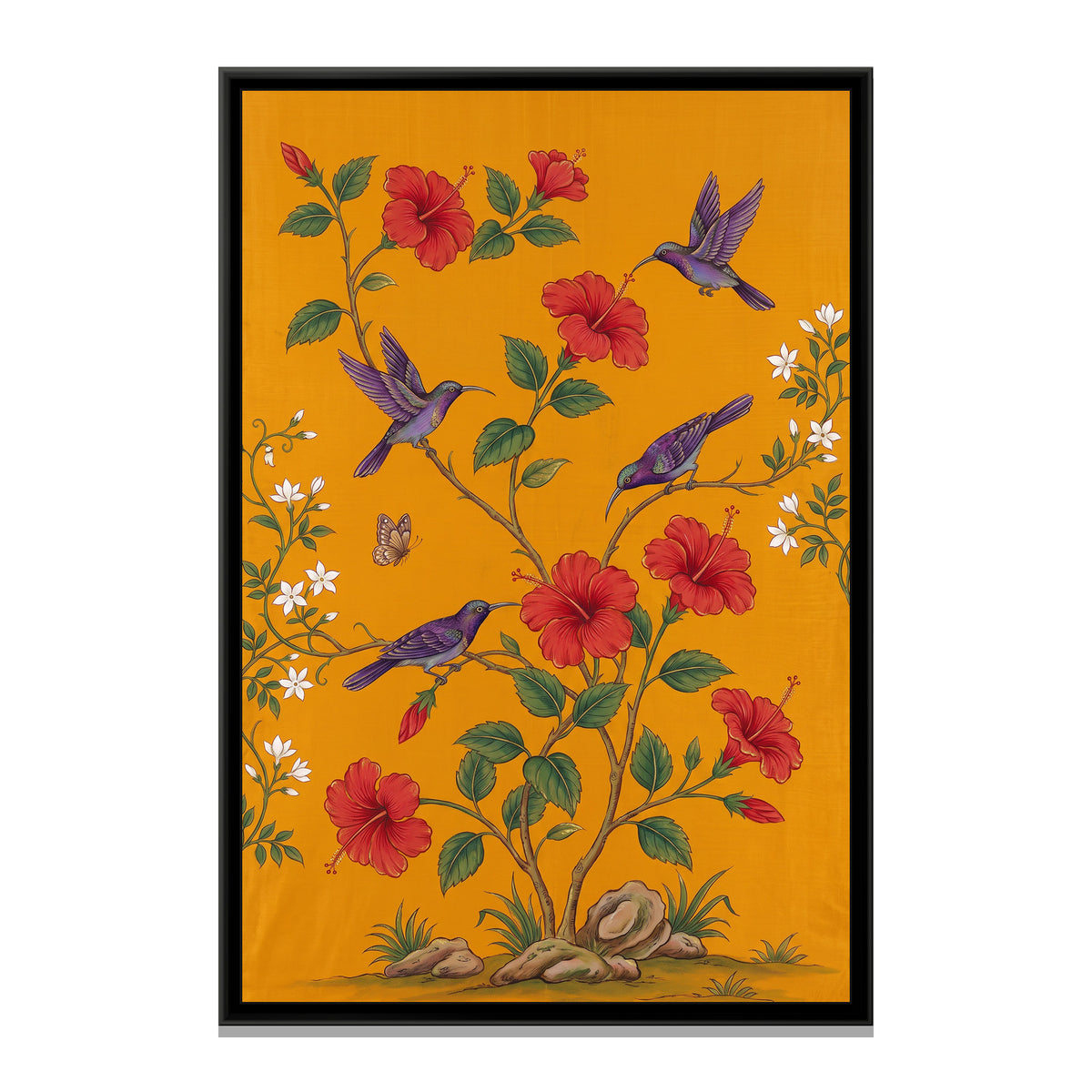 Sunbirds and Hibiscus on Saffron Silk - framed canvas print, front view