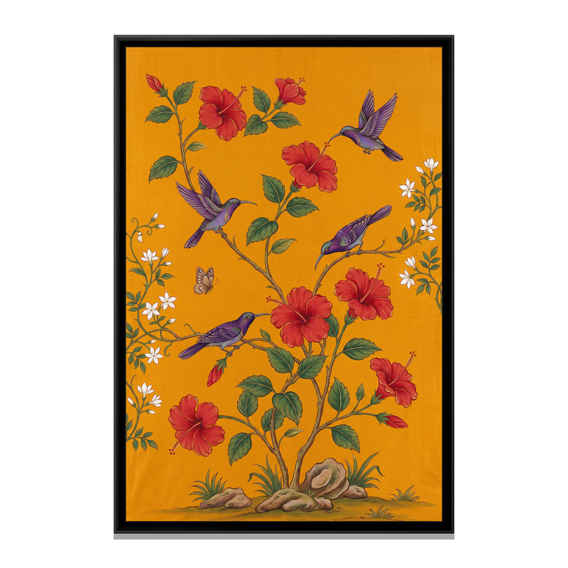 Sunbirds and Hibiscus on Saffron Silk - framed canvas print, front view