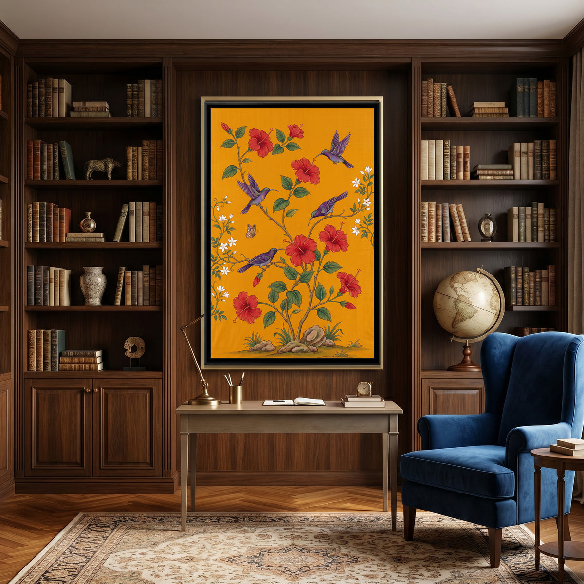 Sunbirds and Hibiscus on Saffron Silk - canvas art shown in a second room setting
