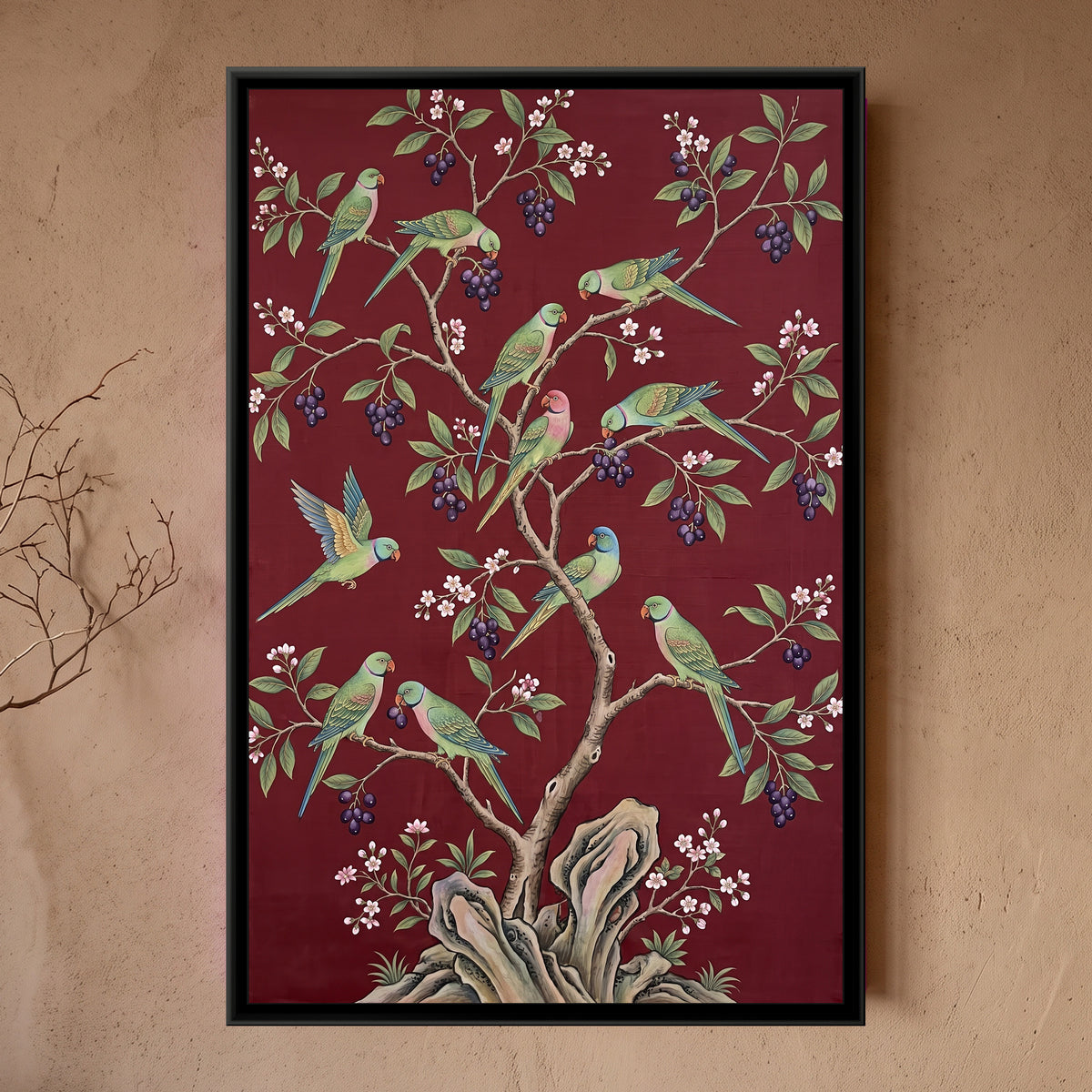 Parakeets in a Jamun Tree on Oxblood Silk - framed canvas art hung on a wall