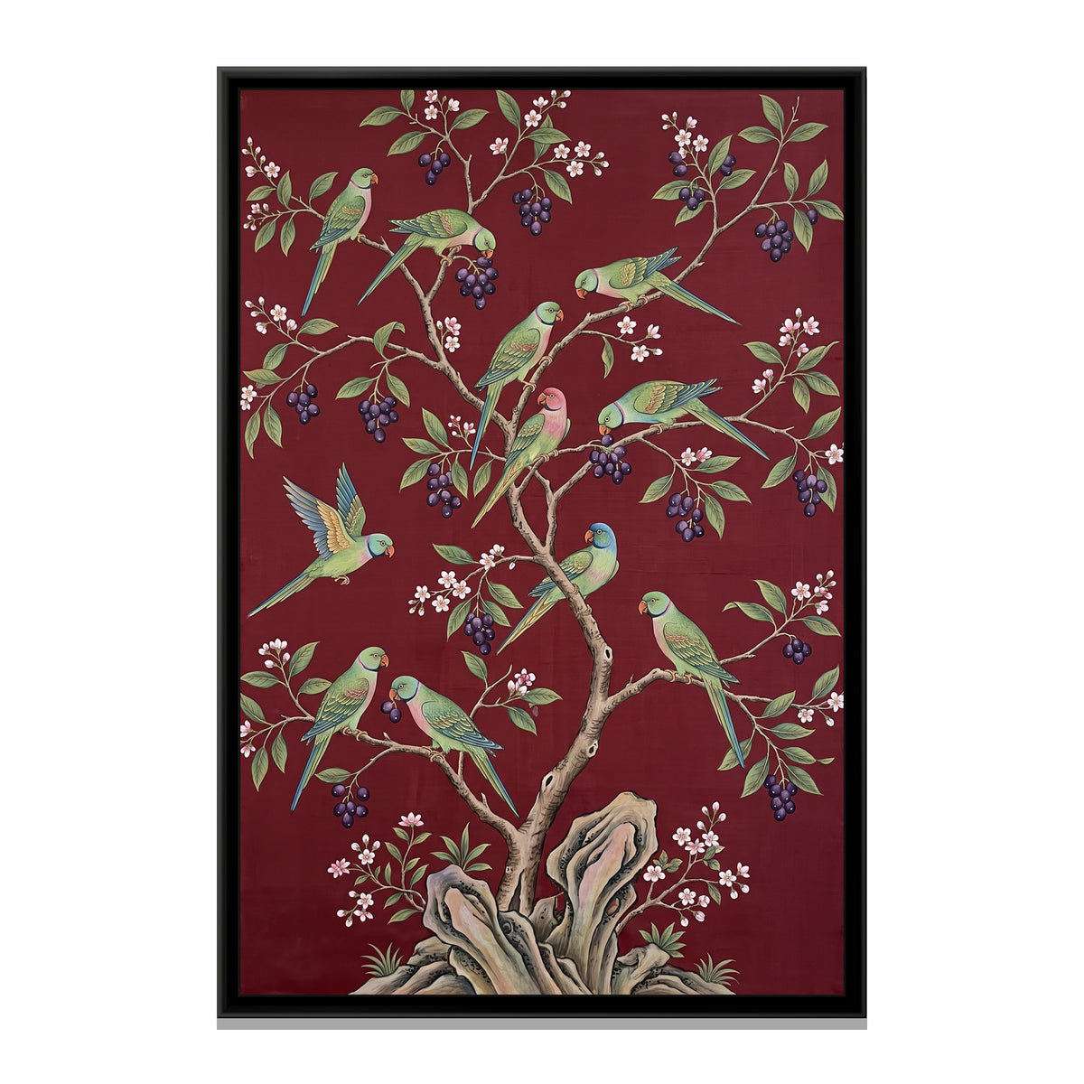 Parakeets in a Jamun Tree on Oxblood Silk - framed canvas print, front view