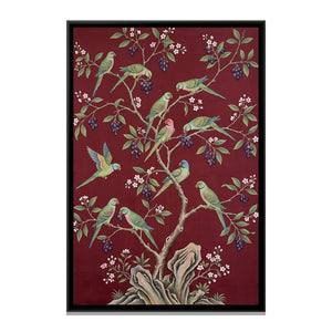 View 2 of Parakeets in a Jamun Tree on Oxblood Silk