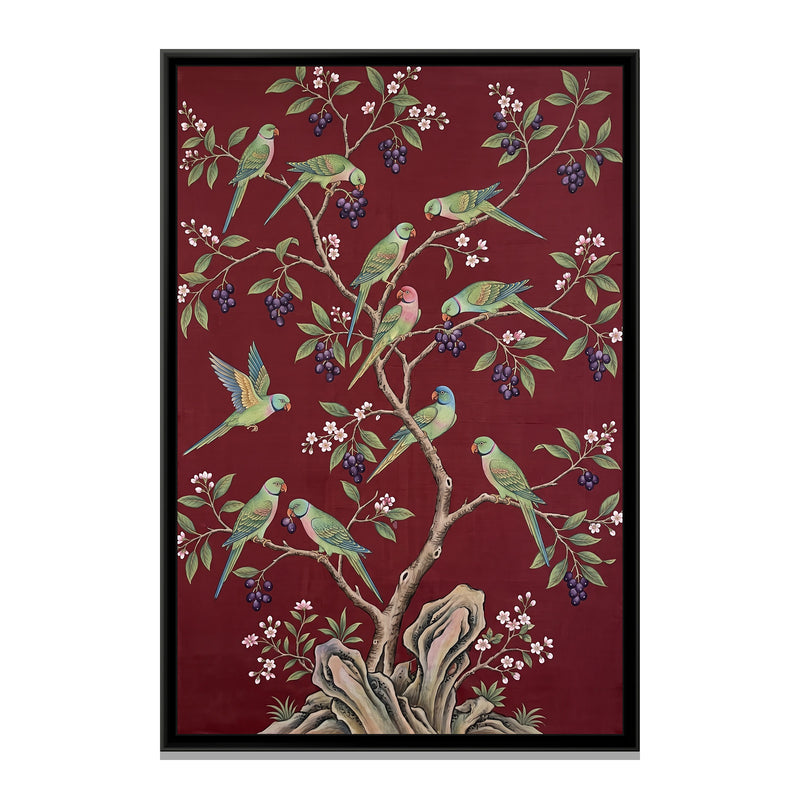 Parakeets in a Jamun Tree on Oxblood Silk - framed canvas print, front view