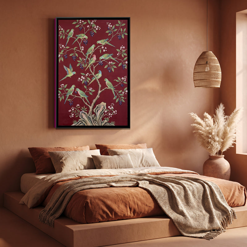 Parakeets in a Jamun Tree on Oxblood Silk - canvas art shown in a second room setting