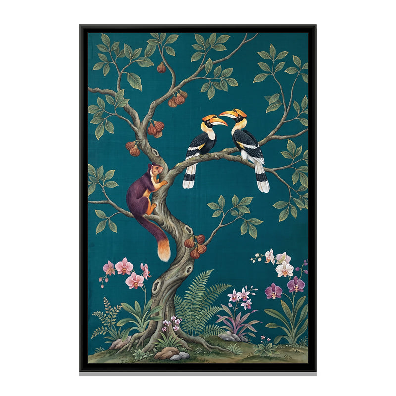 Hornbills in a Fig Tree on Deep Teal Silk - framed canvas print, front view