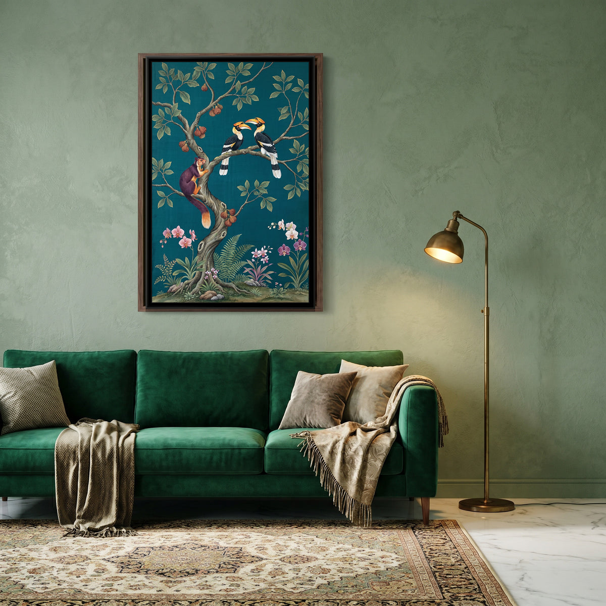 Hornbills in a Fig Tree on Deep Teal Silk - canvas art shown in a styled room