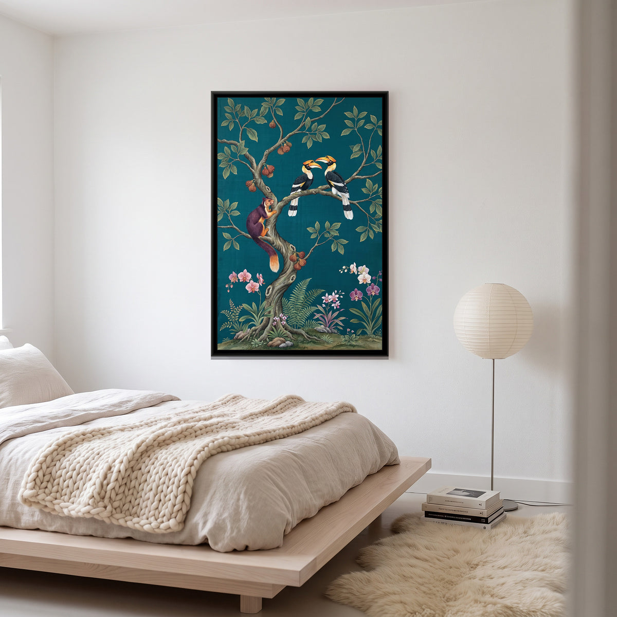 Hornbills in a Fig Tree on Deep Teal Silk - canvas art shown in a second room setting