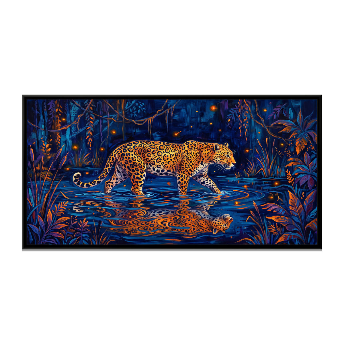 Leopard Wading a Midnight Lagoon - framed canvas print, front view