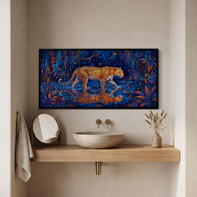 Leopard Wading a Midnight Lagoon - canvas art shown in a second room setting
