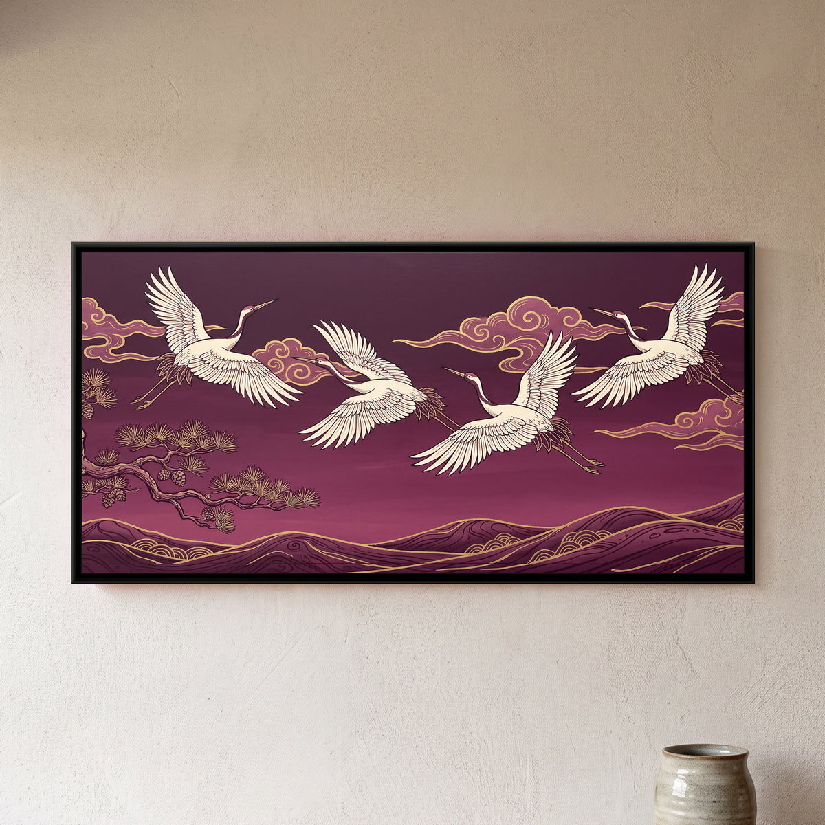 Cranes over Plum Cloud Hills - framed canvas art hung on a wall